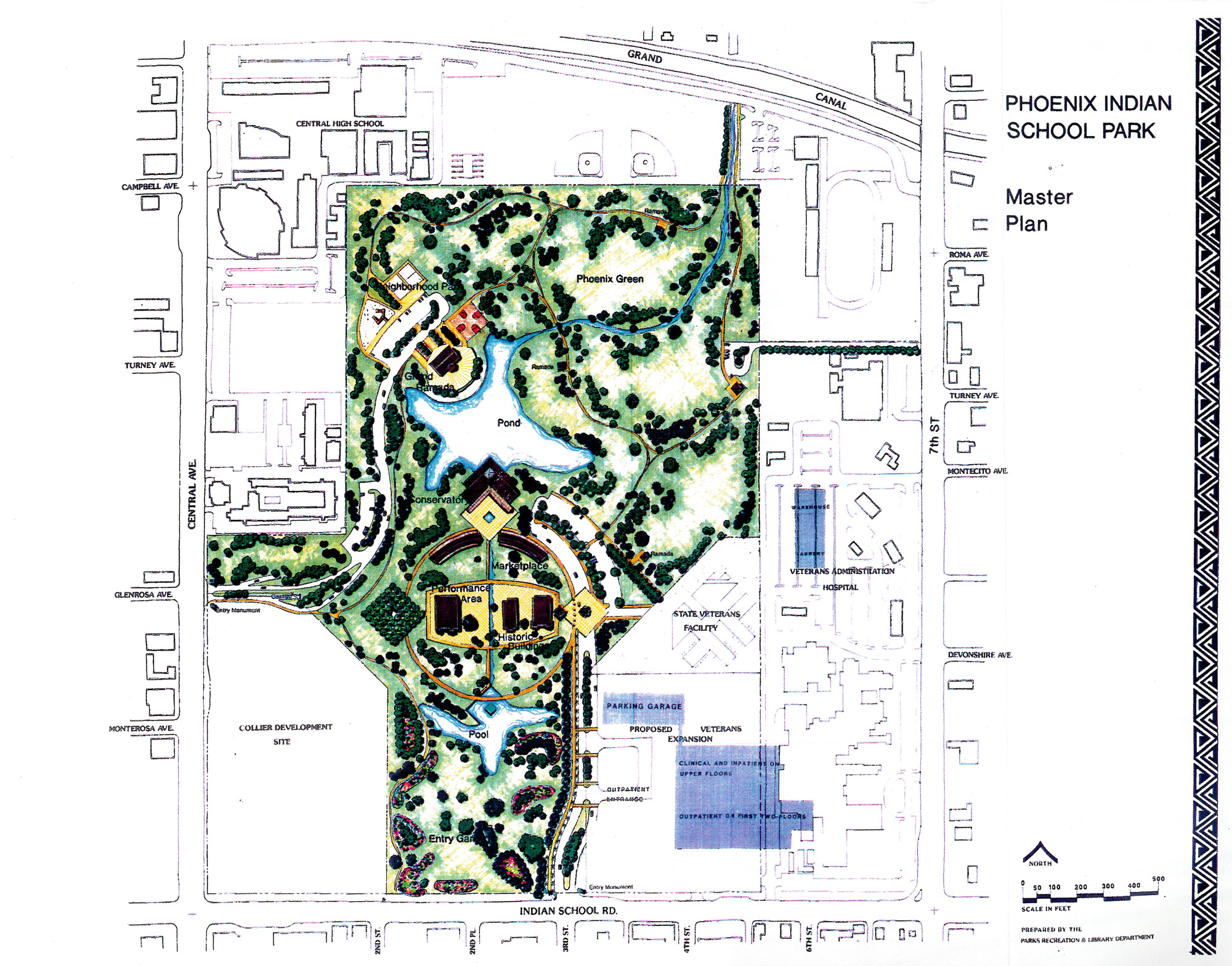 Color map illustration showing the PHOENIX INDIAN SCHOOL PARK Master Plan with labeled features including Phoenix Green, Neighborhood Park, Pond, Pool, Entry Garden, Historic, Marketplace, Ceremonials, CENTRAL HIGH SCHOOL, VETERANS ADMINISTRATION HOSPITAL, and surrounding streets (INDIAN SCHOOL RD, CENTRAL AVE, GRAND CANAL, 7th ST). The plan shows proposed layout with green spaces, water features, buildings, and parking areas.