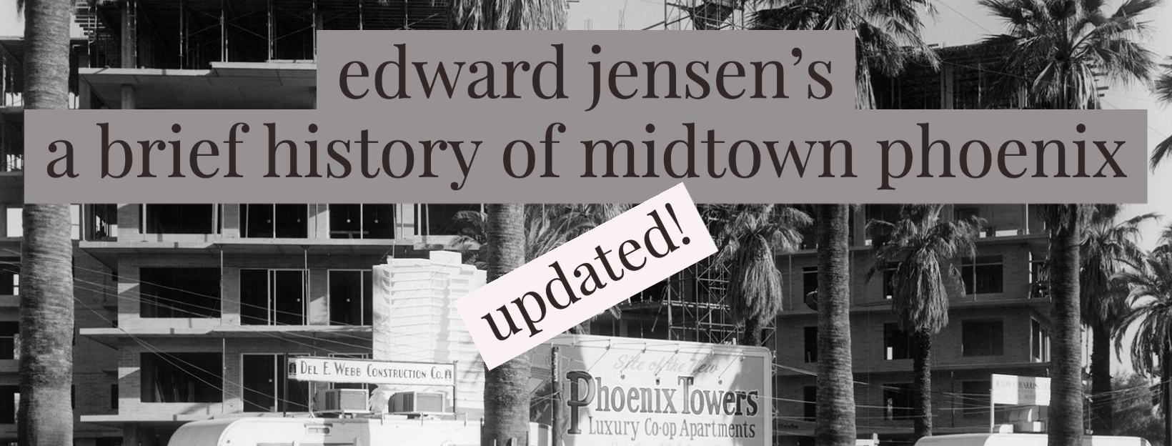 A black and white photograph of a construction site with palm trees, showing a building under construction with overlay text reading 