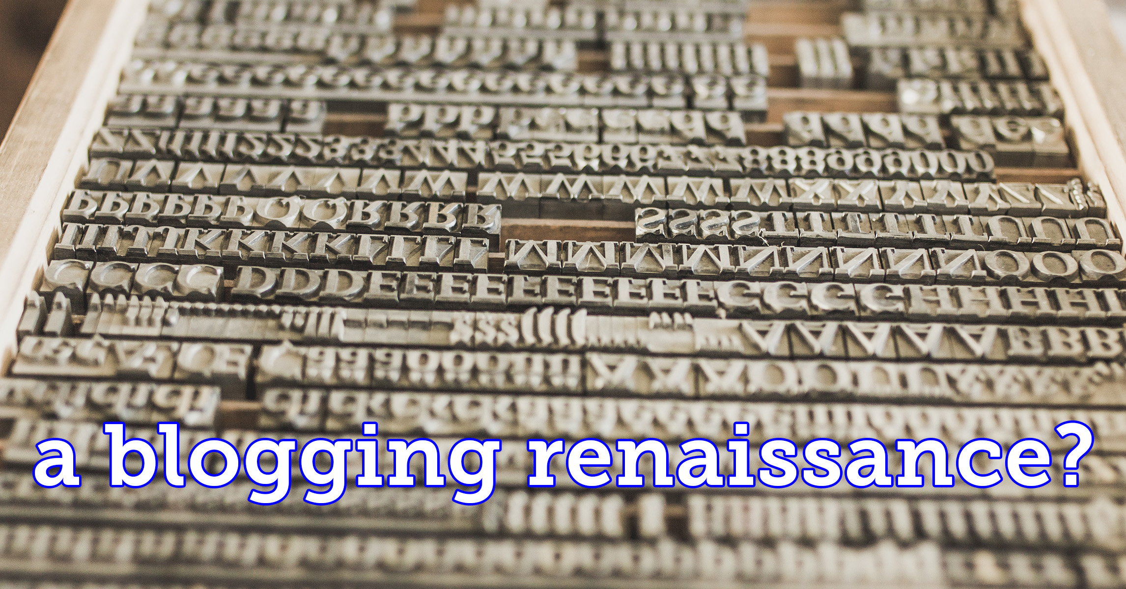 Vintage metal letterpress type blocks arranged in rows with blue text overlay reading 