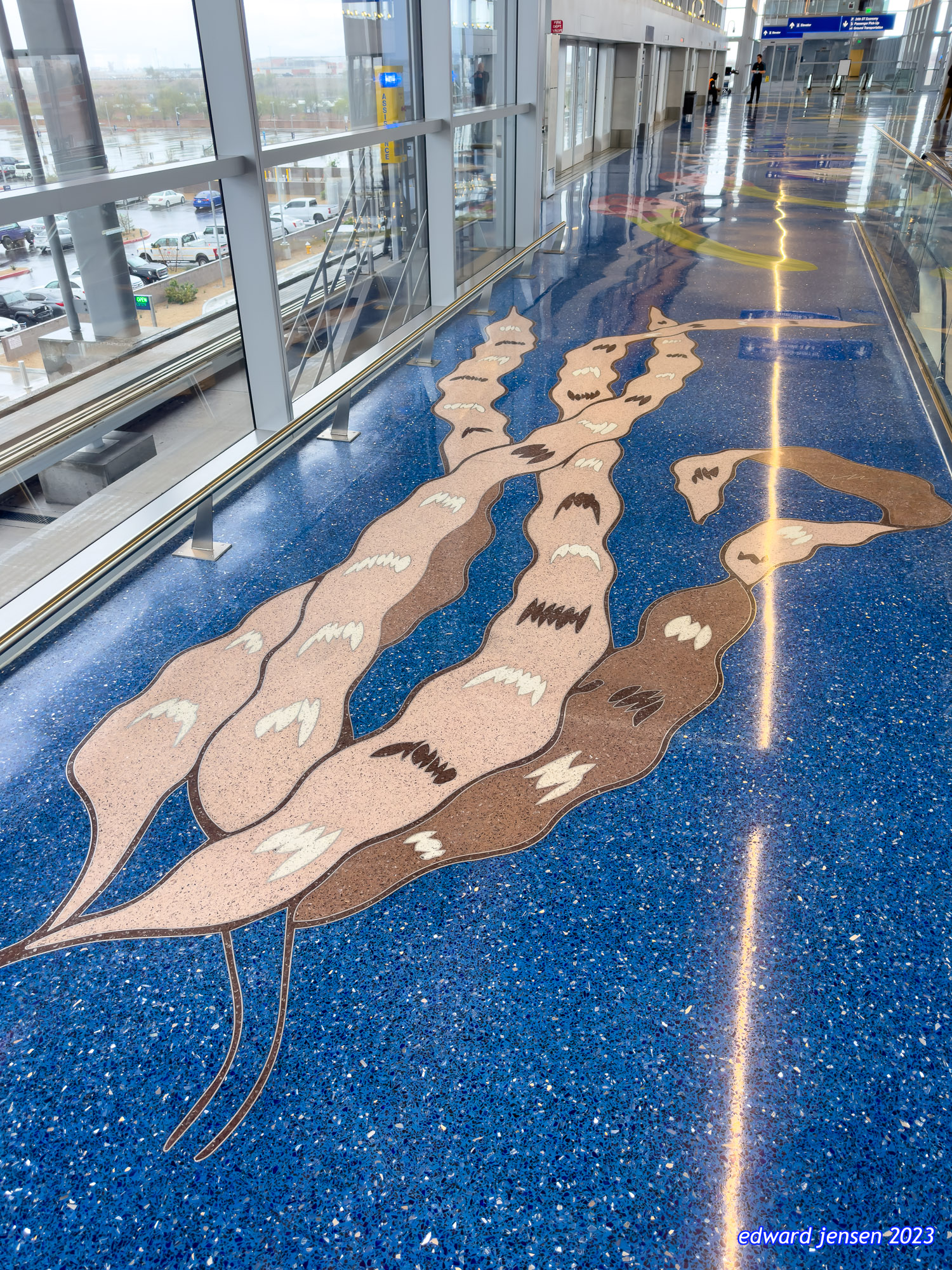 Airport terminal corridor with a decorative floor design featuring brown and beige river-like patterns inlaid in blue terrazzo flooring. Large windows on the left show a parking lot and rainy conditions outside. Airport signage visible in the distance.