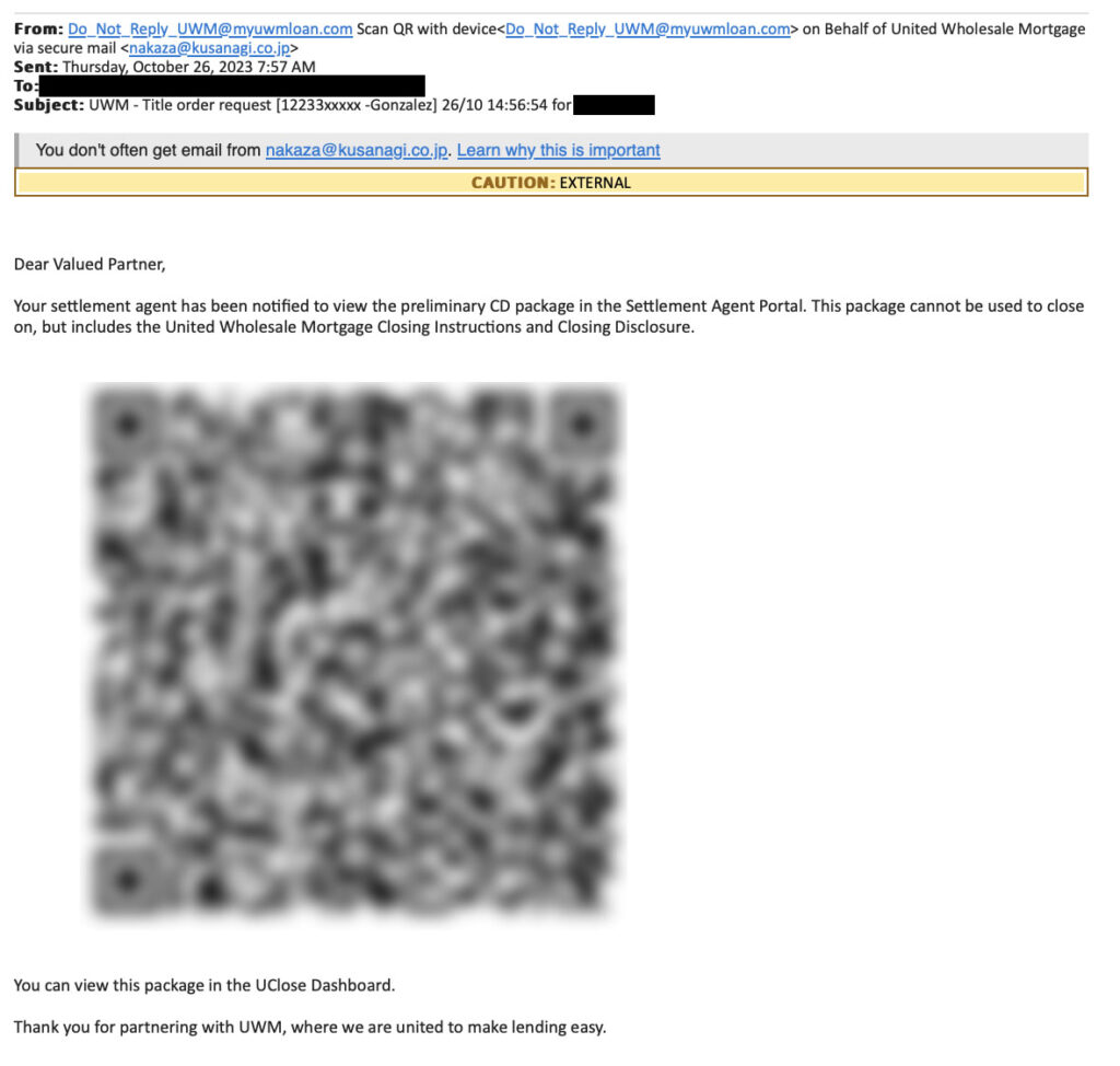 Screenshot of an email allegedly from United Wholesale Mortgage about a title order request. The email shows sender Do_Not_Reply_UWM@myuwmloan.com, sent Thursday, October 26, 2023. It notifies a settlement agent about a preliminary CD package available in the Settlement Agent Portal, with a blurry QR code in the middle. The email includes a caution label marking it as EXTERNAL, and contains information about viewing the package in the UClose Dashboard. This is a fradulent email.