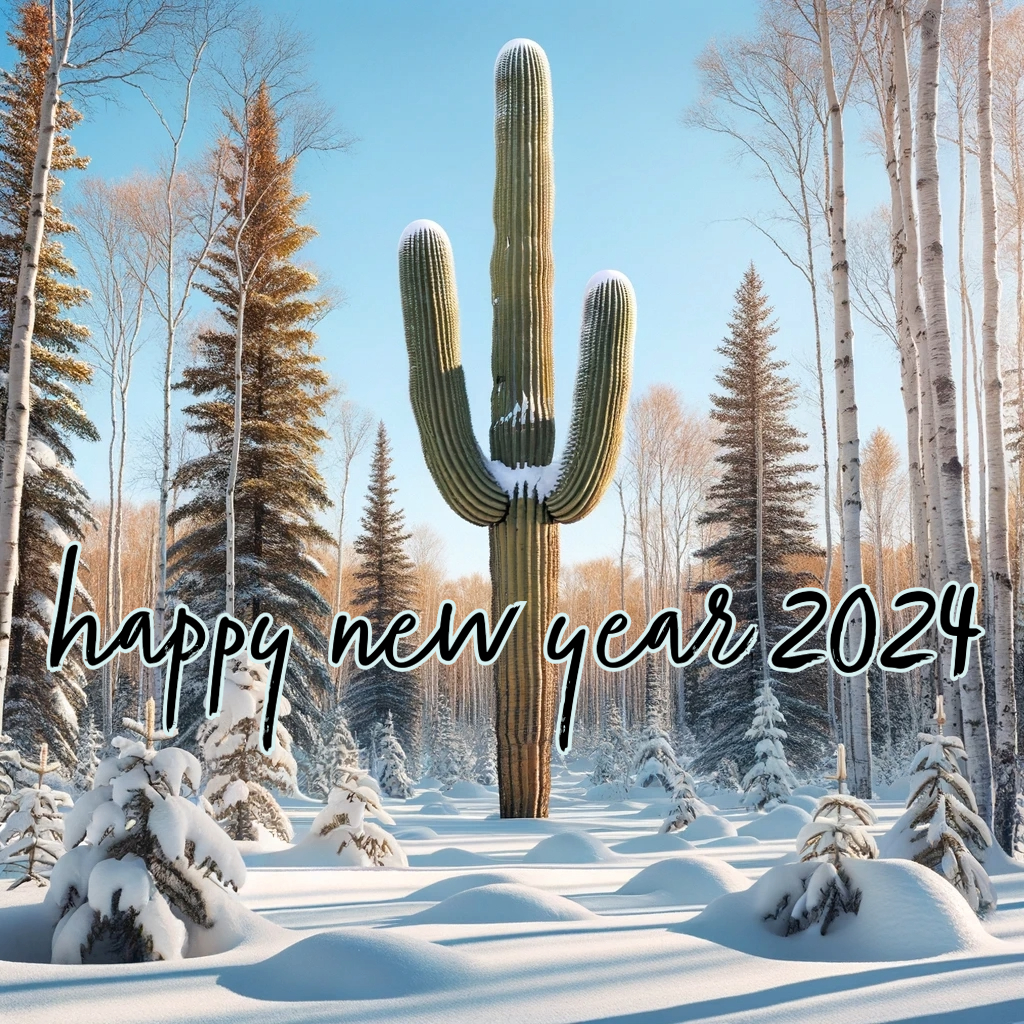A tall saguaro cactus with three arms stands in a snowy winter forest scene with birch trees and evergreens, text overlay reads "happy new year 2024"