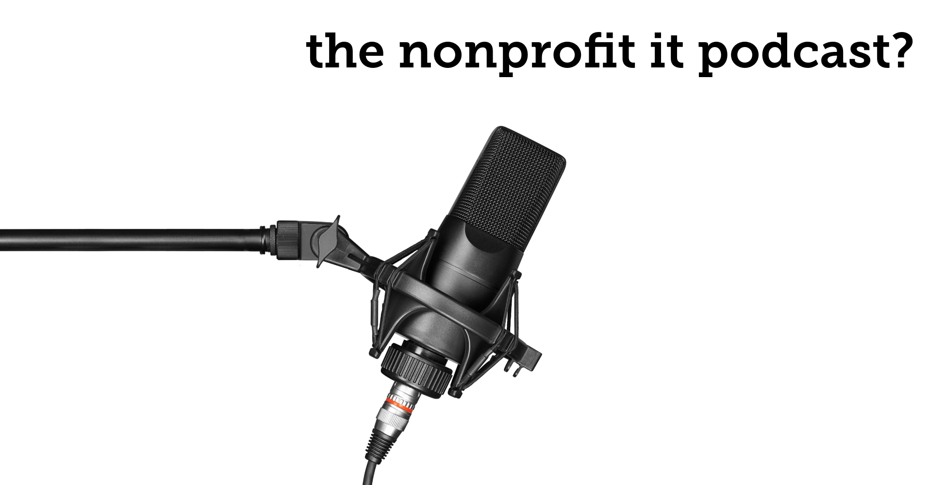 A professional black condenser microphone on a boom arm with shock mount against a white background, with text above reading 