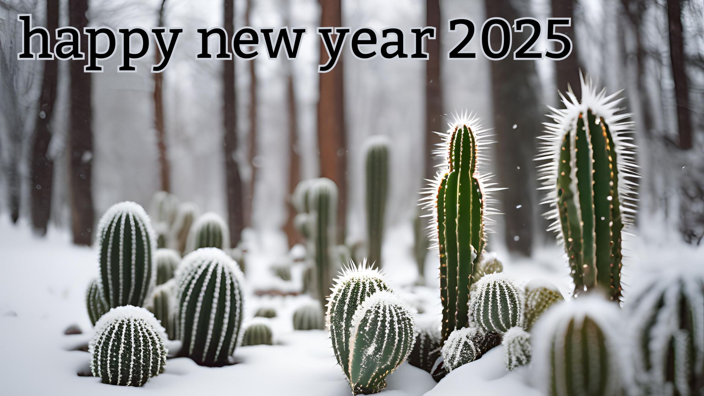 Snowy winter scene with green cacti dusted with snow in a forest. Text overlay reads: 