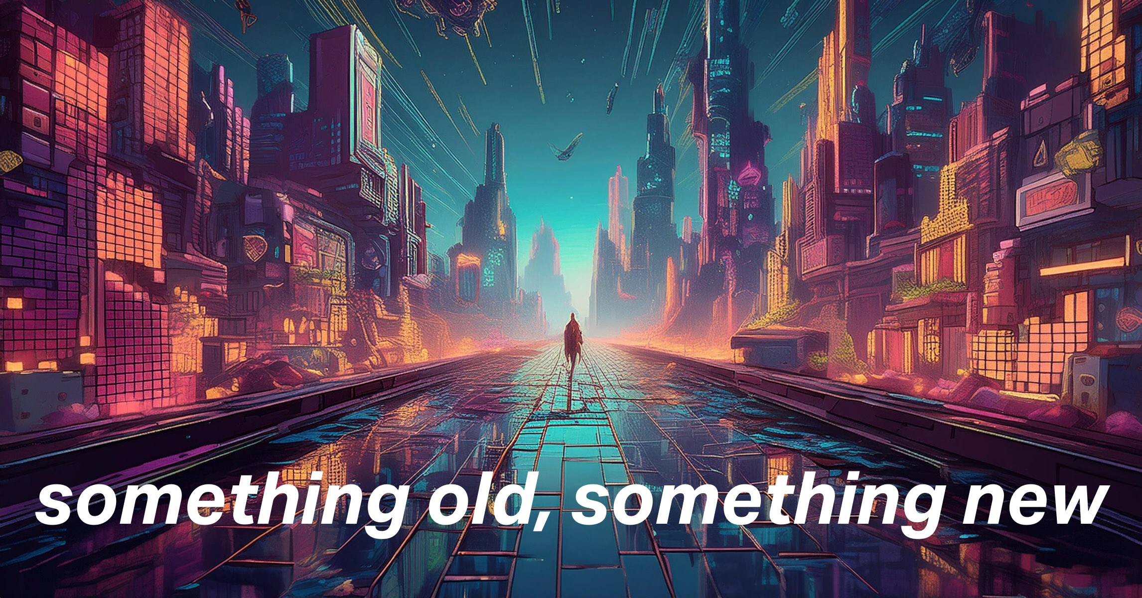 Futuristic cyberpunk cityscape with neon-lit skyscrapers and a solitary figure walking down a glowing blue road toward distant towers. Text overlay reads: 