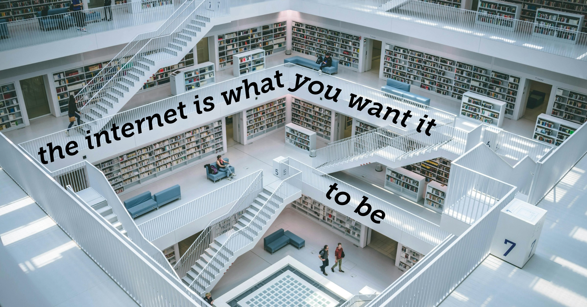 Aerial view of a modern library interior with multiple levels connected by white staircases and railings, filled with bookshelves and blue seating areas. Text overlay reads: 