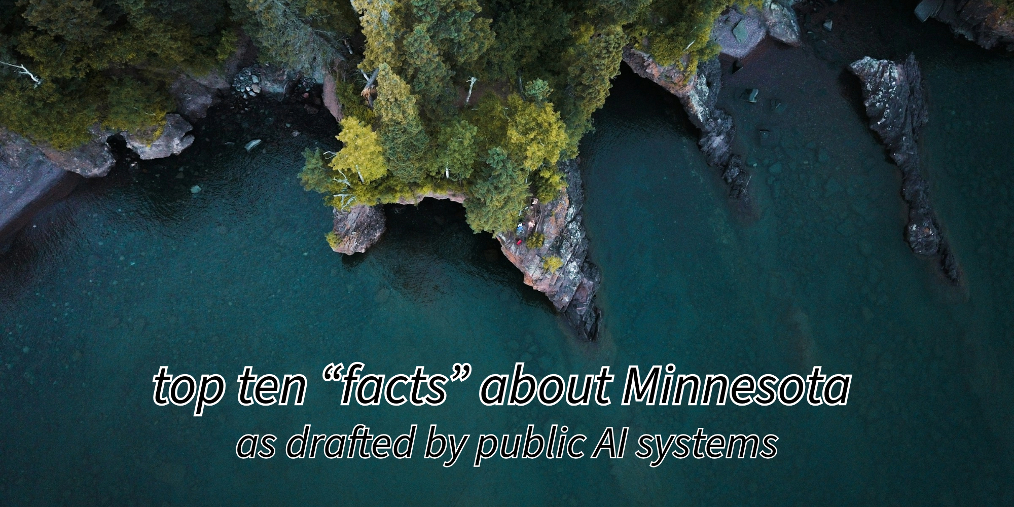 Aerial view of a rocky shoreline with trees growing on small islands in teal-blue water. White text overlaid on the image reads: top ten 